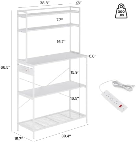 Multi-Functional 5-Tier Bakers Rack with Electrical Outlets & Microwave Stand, Kitchen Storage Shelf, Coffee Bar Station, Counter Space Organizer Kitchen Organizer Shelf for Dorm (White)