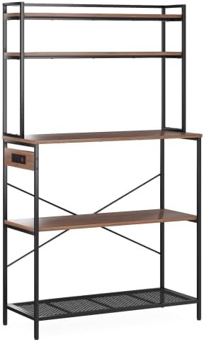 Multi-Functional 5-Tier Bakers Rack with Electrical Outlets & Microwave Stand, Kitchen Storage Shelf, Coffee Bar Station, Counter Space Organizer Kitchen Organizer Shelf for Dorm (Walnut)