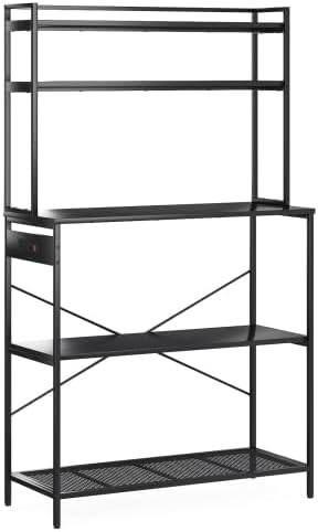 Multi-Functional 5-Tier Bakers Rack with Electrical Outlets & Microwave Stand, Kitchen Storage Shelf, Coffee Bar Station, Counter Space Organizer Kitchen Organizer Shelf for Dorm (Black)