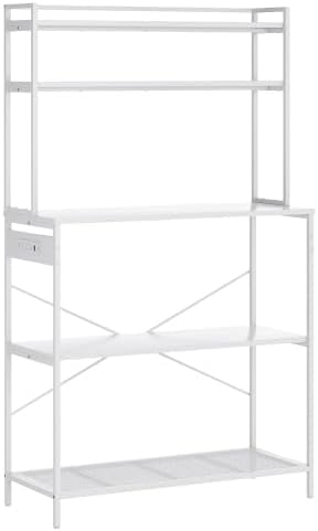 Multi-Functional 5-Tier Bakers Rack with Electrical Outlets & Microwave Stand, Kitchen Storage Shelf, Coffee Bar Station, Counter Space Organizer Kitchen Organizer Shelf for Dorm (White)