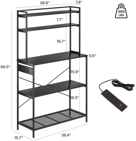 Multi-Functional 5-Tier Bakers Rack with Electrical Outlets & Microwave Stand, Kitchen Storage Shelf, Coffee Bar Station, Counter Space Organizer Kitchen Organizer Shelf for Dorm (Black)