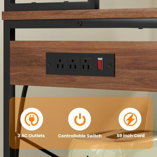 Multi-Functional 5-Tier Bakers Rack with Electrical Outlets & Microwave Stand, Kitchen Storage Shelf, Coffee Bar Station, Counter Space Organizer Kitchen Organizer Shelf for Dorm (Walnut)