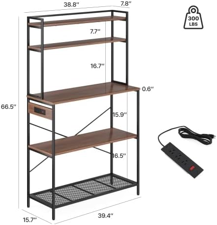 Multi-Functional 5-Tier Bakers Rack with Electrical Outlets & Microwave Stand, Kitchen Storage Shelf, Coffee Bar Station, Counter Space Organizer Kitchen Organizer Shelf for Dorm (Walnut)