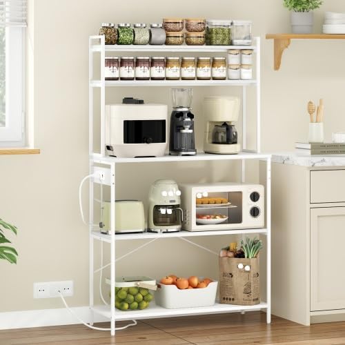 Multi-Functional 5-Tier Bakers Rack with Electrical Outlets & Microwave Stand, Kitchen Storage Shelf, Coffee Bar Station, Counter Space Organizer Kitchen Organizer Shelf for Dorm (White)