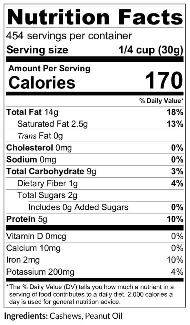 C.J. Dannemiller Whole Cashews, Bulk 25 LB Box, Roasted & Unsalted, Medium Size 320, Perfect for Snacking, Cooking, Trail Mixes