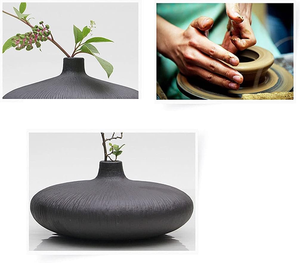 Vase New Chinese Vase Creative Flat Round Dark Black Small Diameter Ceramic Vase Modern Minimalist Tea Style Living Room Cabinet Wine Decorative Vase Home Decor