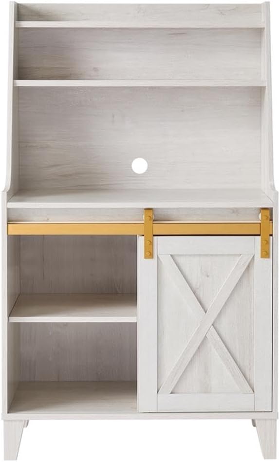 Bowery Hill Modern Farmhouse Wood Baker Rack, Sliding Door, White Oak Finish, MDF and Particle Board, Gold Metal Accent, 31.25'L x 15.5'W x 52.75'H, Versatile Storage for Kitchen or Home Organization