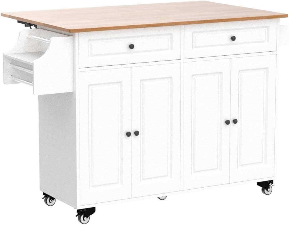 QSun Kitchen Island on Wheels Kitchen Cart with Rubber Wood Top, Mobile Kitchen Island with Double Storage Cabinet and Drawers, Island Table for Kitchen (White)