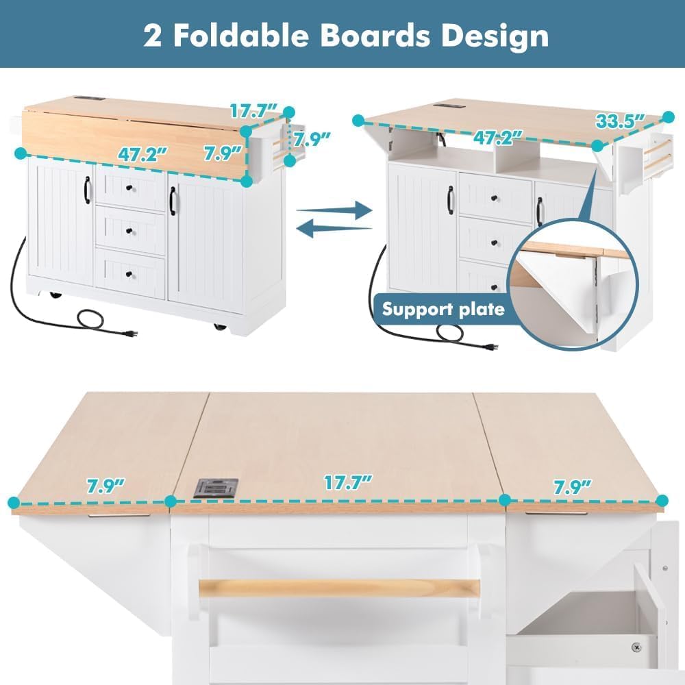 Kitchen Island with 2 Drop Leaf, Home Cart Island on Wheels Foldable Dining Table with Power Outlets,3 Drawers,Storage Cabinet, Tower Rack(White)