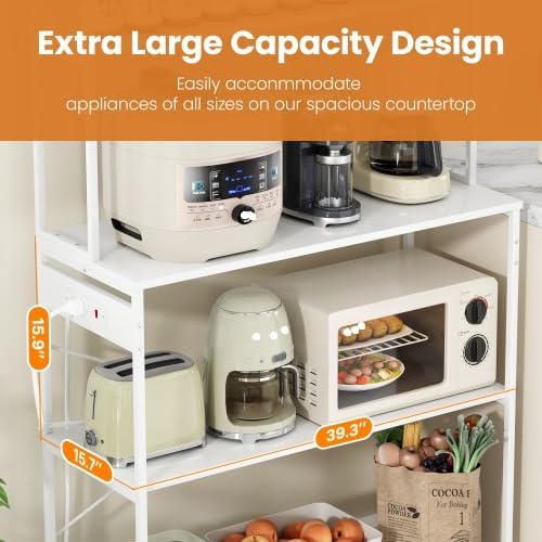 Multi-Functional 5-Tier Bakers Rack with Electrical Outlets & Microwave Stand, Kitchen Storage Shelf, Coffee Bar Station, Counter Space Organizer Kitchen Organizer Shelf for Dorm (White)
