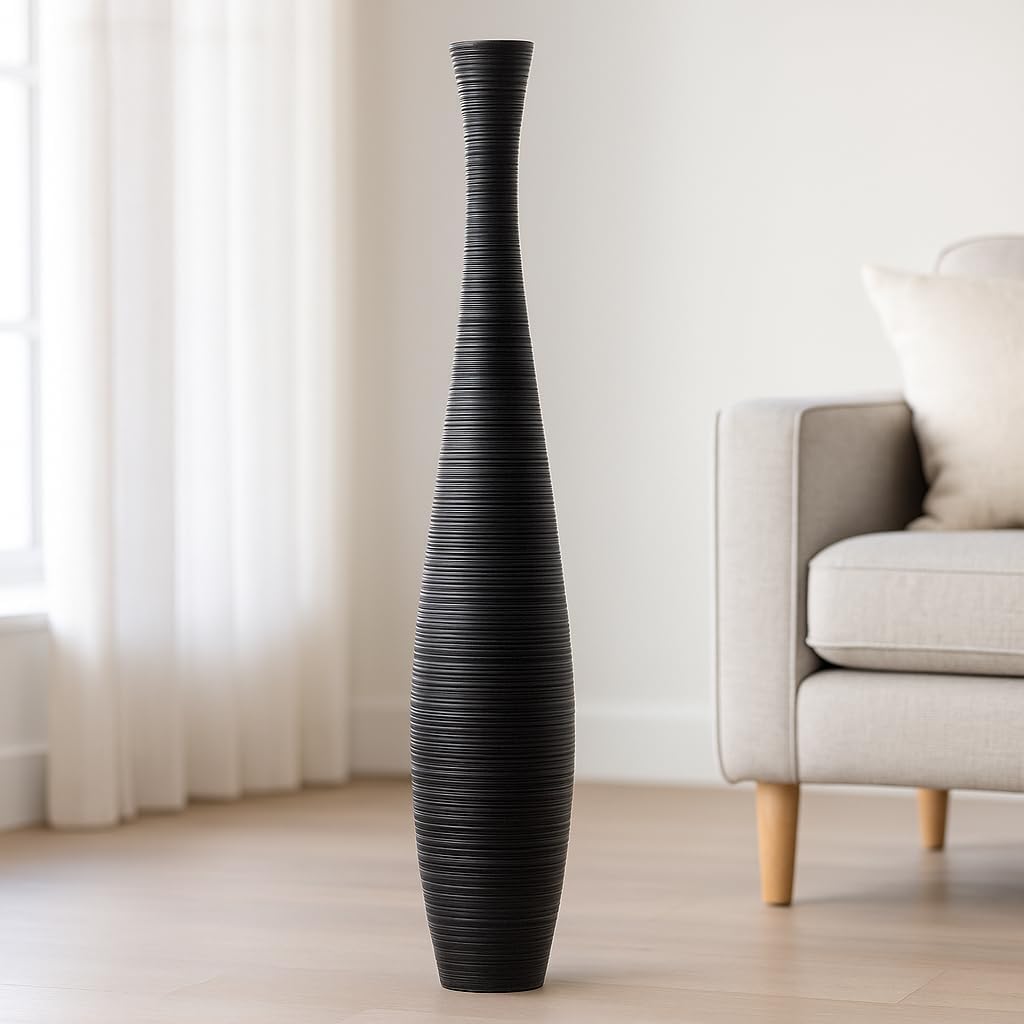Leewadee Large Black Home Decor Floor Vase - Wooden 41 inch Tall Farmhouse Decor Flower Holder for Fake Plant and Pampas Grass