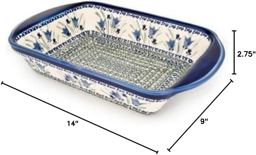 Blue Rose Polish Pottery - Blue Tulip Large Rectangular Baker with Handles - 11.5' x 9.25' - Unique, Dishwasher Safe, & Durable Bakeware