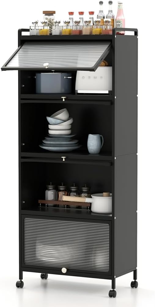 MAT EXPERT 5-Tier Kitchen Storage Cabinet, Freestanding Appliance Organizer on Wheels with Flip Door & Anti-Topping Device, Kitchen Pantry Cabinet Bakers Rack for Living Room, Study (Black)