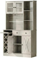 Wine Bar Cabinet with Built-in Power Outlets & Barn Doors - Sideboard Buffet with Wine Bottle Rack & Charging Station for Kitchen, Dining Room, Living Room