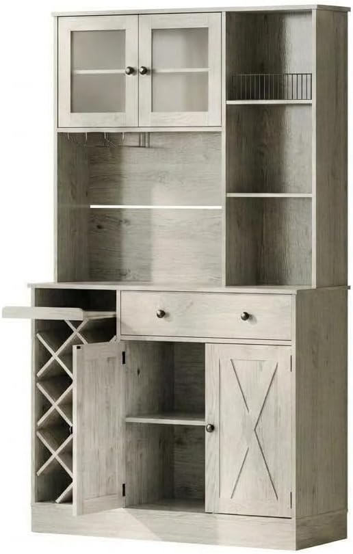 Wine Bar Cabinet with Built-in Power Outlets & Barn Doors - Sideboard Buffet with Wine Bottle Rack & Charging Station for Kitchen, Dining Room, Living Room