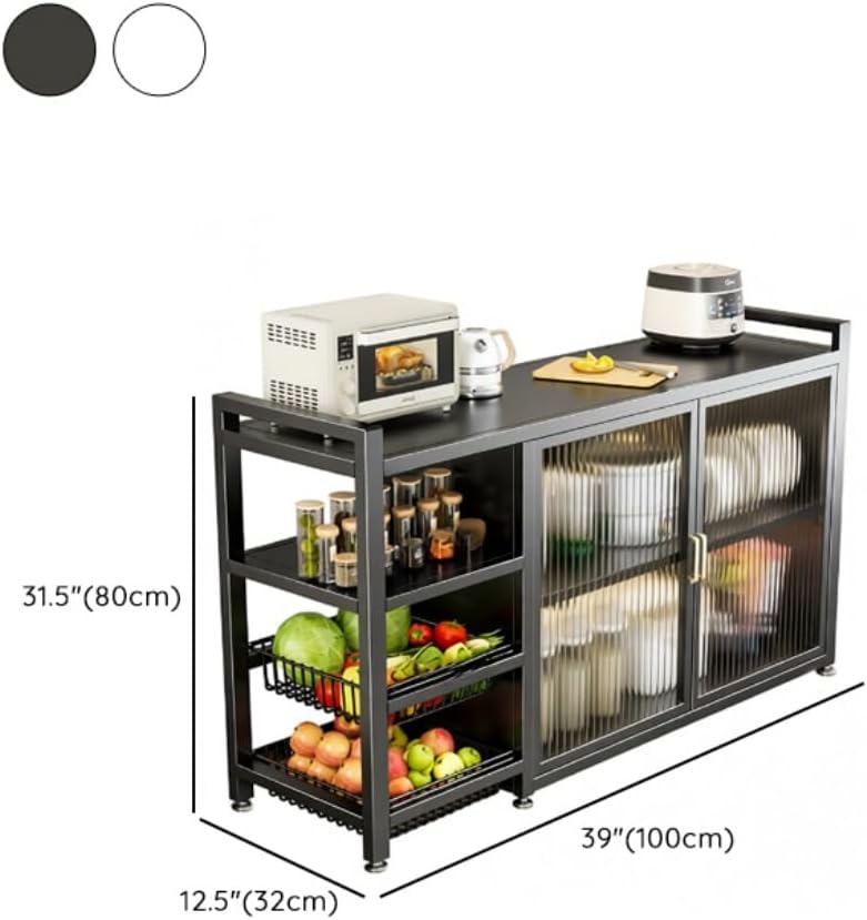 LITFAD Baker's Rack with Cabinets, 2 Baskets, Steel Frame, Modish Style Kitchen Storage Cabinet Freestanding Coffee Shelf Rack Organizer for Home Office, Grey 39' L x 12.5' W x 31.5' H