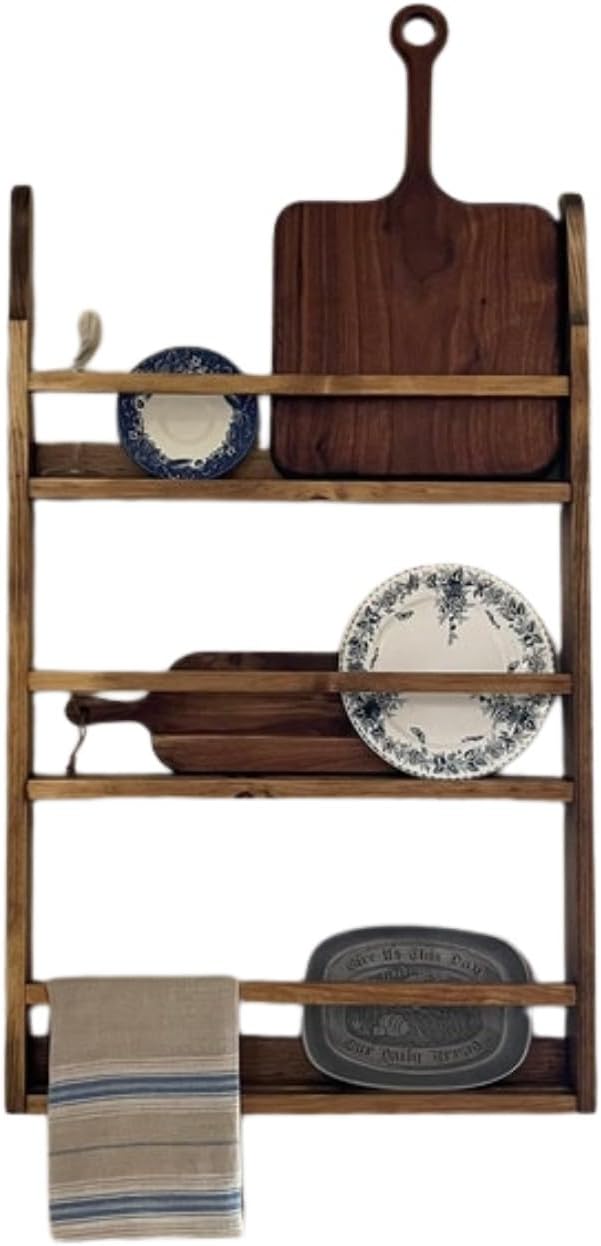 Rustic Wall-Mounted Dish Rack, Wooden Display Shelf for Plates, Platters and Cutting Boards, Kitchen Storage Organizer