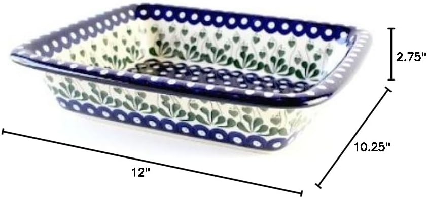Blue Rose Polish Pottery - Blue Alyce Medium Rectangular Baker - 12.25' x 10' - Unique, Dishwasher Safe, & Durable Bakeware