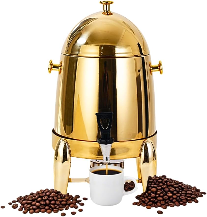 Coffee Urn With Fuel Holder, 3.17 Gallon/12L Stainless Steel Beverage Dispensers for Coffee Tea Hot Water, Hot Drink Dispenser with gold Stand, drink cooler for parties for events (Polised Gold)