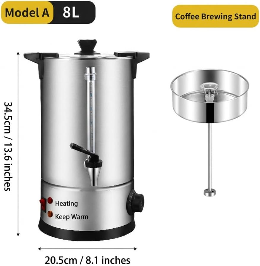 100 Cup Hot Water Urn, 15 L/3.96 gal Commercial Electric Water Boiler and Warmer, Stainless Steel Instant Hot Water Dispenser with Adjustable Temp for Office & Catering,8L/2.11gal,A
