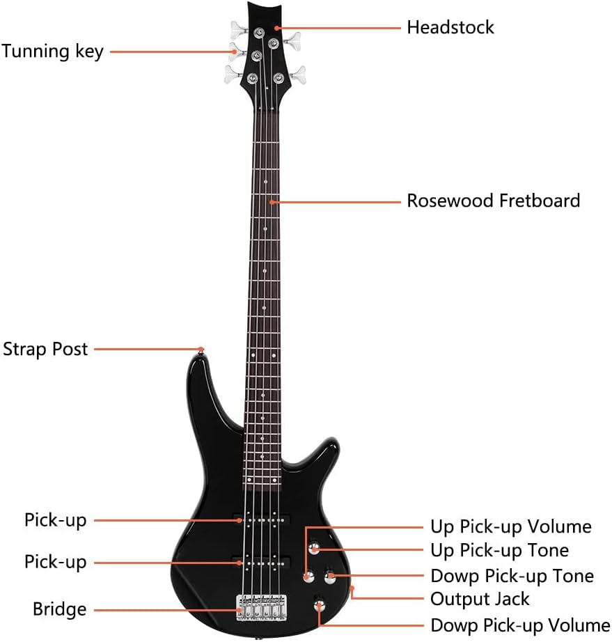 Ktaxon Electric Bass Guitar 5 String Bass Guitar with 20 Watt Amplifier, JB Type Pickup, Naturally air-dried Maple Neck, Rosewood Fretboard, Basswood Body(Black)