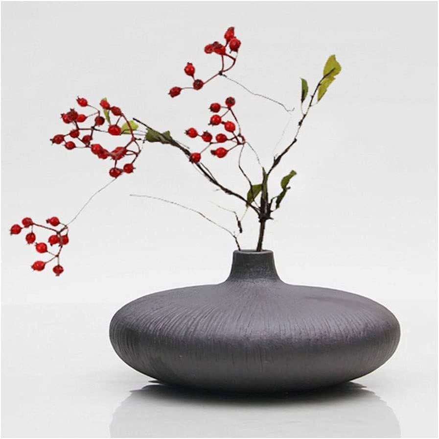 Vase New Chinese Vase Creative Flat Round Dark Black Small Diameter Ceramic Vase Modern Minimalist Tea Style Living Room Cabinet Wine Decorative Vase Home Decor