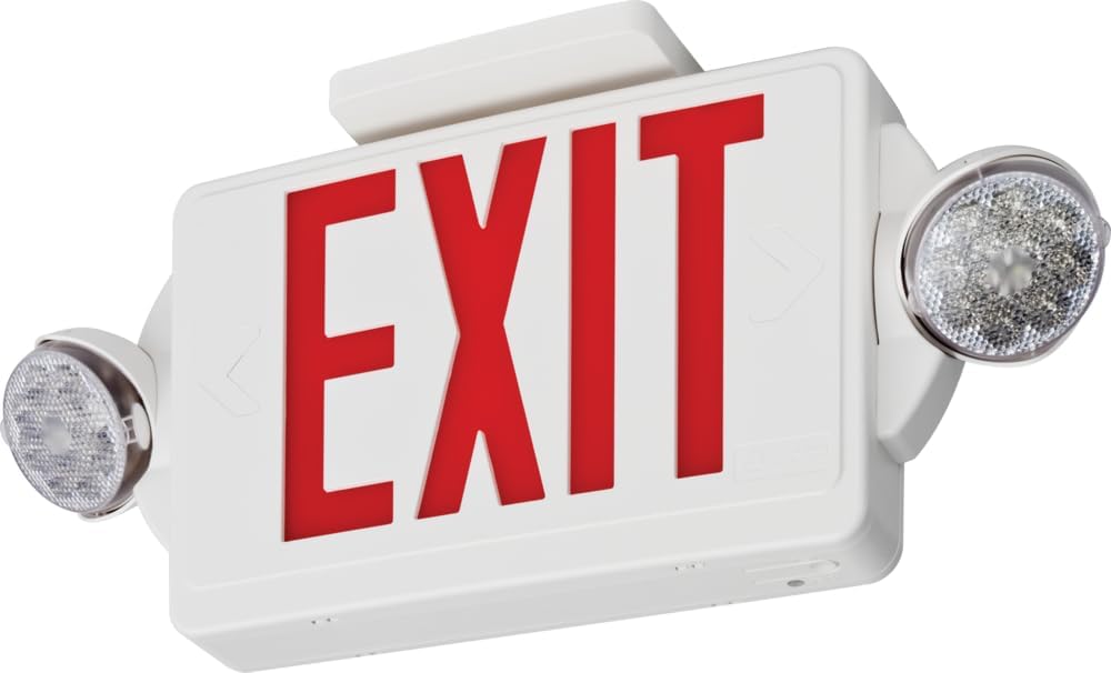 Lithonia Lighting Quantum LED Exit Sign/Emergency Light Combo, Exit Sign and Emergency Lights for Business, 2-Head Fixture, Red Letters, 180 Lumens, MVolt, 4 Watts (LHQM LED R M6)