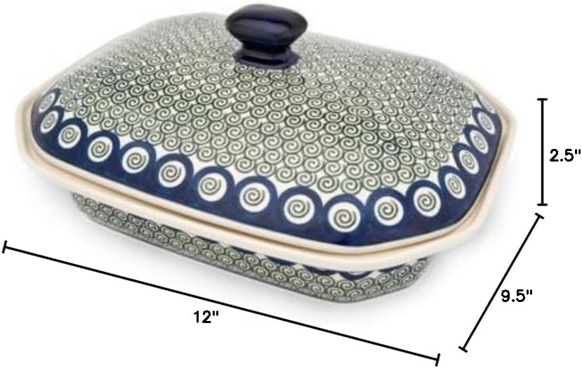 Blue Rose Polish Pottery - Green Peacock Swirl Large Covered Baker - 6 Cup Capacity - Unique, Dishwasher Safe, & Durable Bakeware