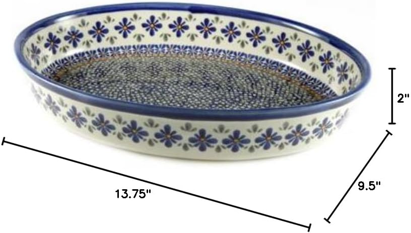 Blue Rose Polish Pottery - Green Mosaic Flower Large Oval Baker - 14' x 10.25' - Unique, Dishwasher Safe, & Durable Bakeware
