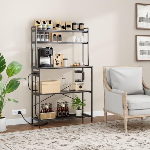 Multi-Functional 5-Tier Bakers Rack with Electrical Outlets & Microwave Stand, Kitchen Storage Shelf, Coffee Bar Station, Counter Space Organizer Kitchen Organizer Shelf for Dorm (Black)