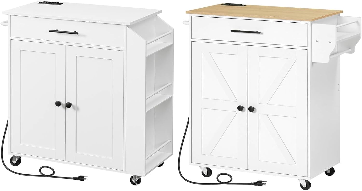HOOBRO Kitchen Island and Rolling Kitchen Cart with Power Outlet Bundle, Storage Island with Spice Rack and Drawer, for Home WT82UZD01G1-WN88UZD01