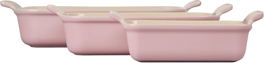 Le Creuset Stoneware Heritage 3-Piece Rectangular Baking Dish Set, Chiffon Pink