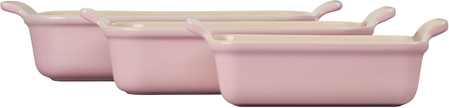 Le Creuset Stoneware Heritage 3-Piece Rectangular Baking Dish Set, Chiffon Pink