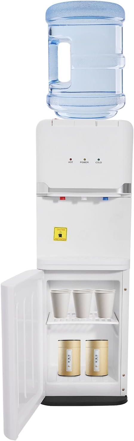 Hot/Cold/Warm Top Loading Water Cooler Dispenser, 5 Gallons Water Coolers Freestanding with Child Safety Lock, Removable Drip Tray & Storage Cabinet, Energy Saving Slim, Home Office Commercial Use