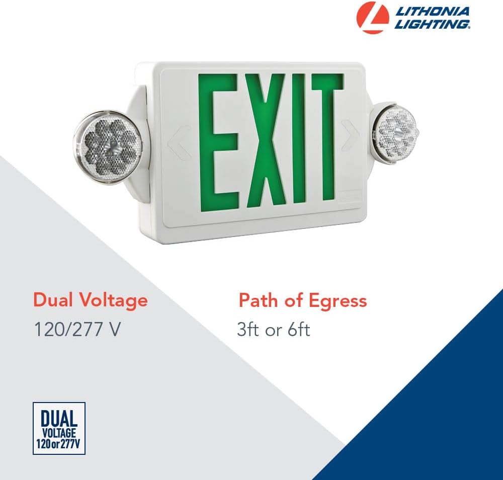 Lithonia Lighting Quantum LED Exit Sign/Emergency Light Combo, Exit Sign and Emergency Lights for Business, 2-Head Fixture, Red Letters, 180 Lumens, MVolt, 4 Watts (LHQM LED R M6)