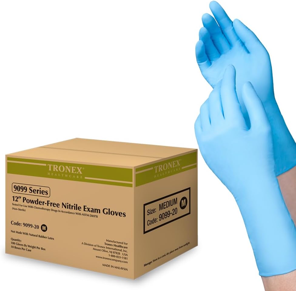 TRONEX 9099 Powder Free XS - XL 12' Long Cuff 5 Mil Thick Nitrile Exam Glove Chemo-Rated Extended Medical Gloves