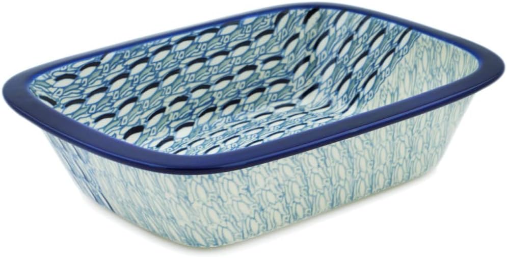 Polmedia Polish Pottery Rectangular Baker UNIKAT - Blue Wave Pattern Handmade in Boleslawiec Poland by Ceramika Artystyczna + Certificate of Authenticity