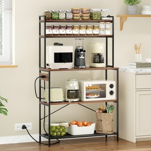 Multi-Functional 5-Tier Bakers Rack with Electrical Outlets & Microwave Stand, Kitchen Storage Shelf, Coffee Bar Station, Counter Space Organizer Kitchen Organizer Shelf for Dorm (Walnut)