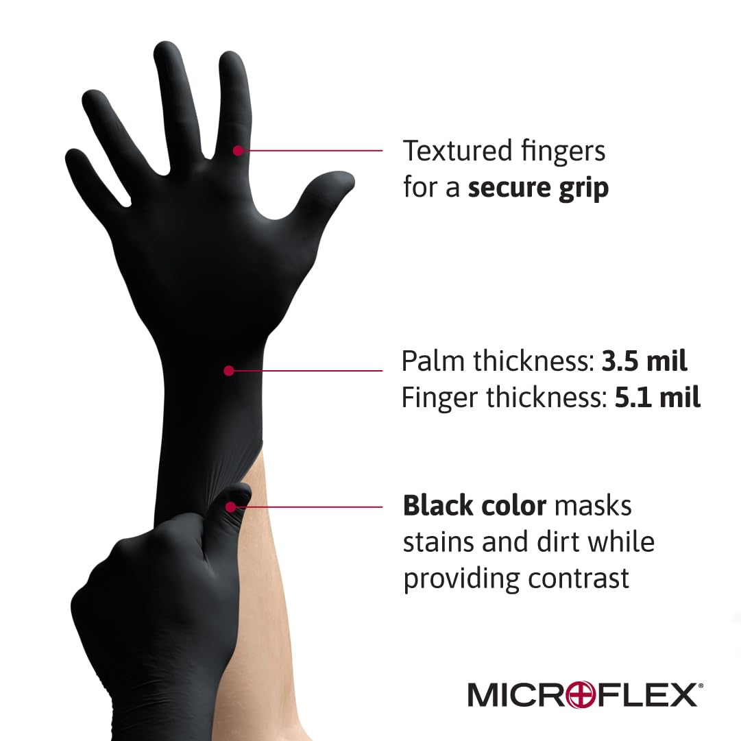 Ansell MICROFLEX Onyx N64 Disposable Nitrile Exam Gloves for Automotive, Metal Fabrication - Small, Black (Case of 1000)