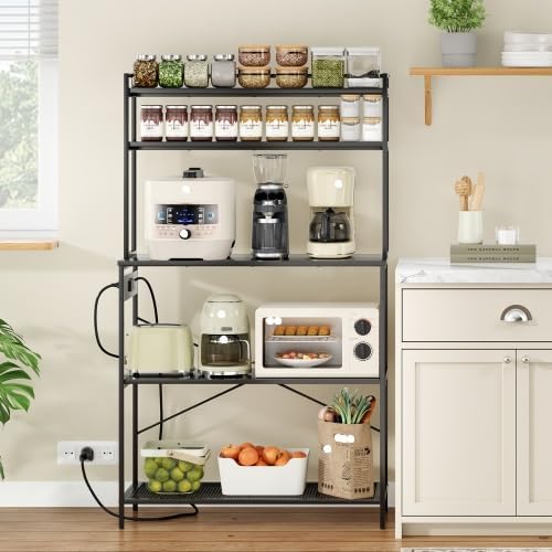 Multi-Functional 5-Tier Bakers Rack with Electrical Outlets & Microwave Stand, Kitchen Storage Shelf, Coffee Bar Station, Counter Space Organizer Kitchen Organizer Shelf for Dorm (Black)