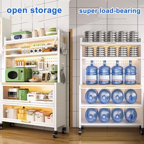 5-Tier Mobile Kitchen Bakers Rack with Power Outlets, Rolling Storage Shelves, Large Organizer for Garage, Pantry & Home, White, 31.5in - Versatile Kitchen Cabinet