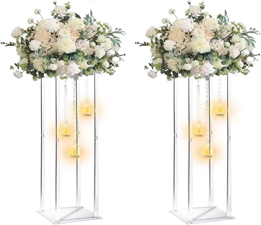 Clear Acrylic Vases Flower Stand Wedding Centerpieces with Hanging Glass Tealight Globe Candle Holders for Event Party Table Decoration Display Rack Column (4, 24 inch)