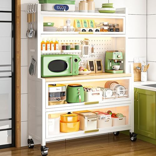 5-Tier Mobile Kitchen Bakers Rack with Power Outlets, Rolling Storage Shelves, Large Organizer for Garage, Pantry & Home, White, 31.5in - Versatile Kitchen Cabinet