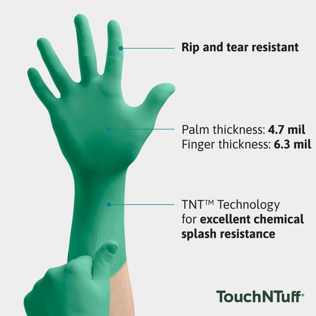 Ansell TouchNTuff 92-605 Nitrile Gloves, 6.3mil, Powder-Free Extended Cuff With Textured Fingers - XL (9.5-10), Green (Case)