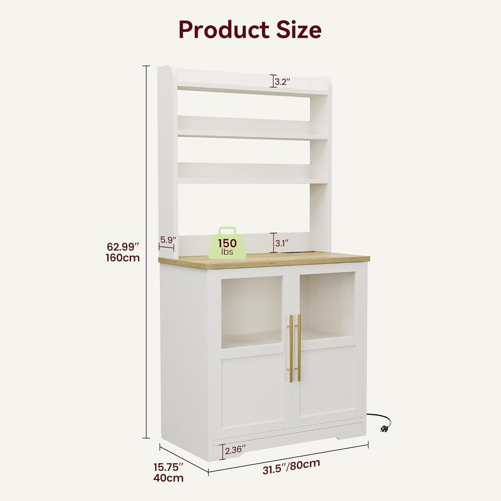 6-Tier Kitchen Bakers Rack With Power Outlet Bakers Rack With Storage Cabinet Microwave Oven Stand Pantry Hutch With Door Tall Versatile Storage Shelf With Thick Tabletop Farmhouse Coffee Bar Cabinet