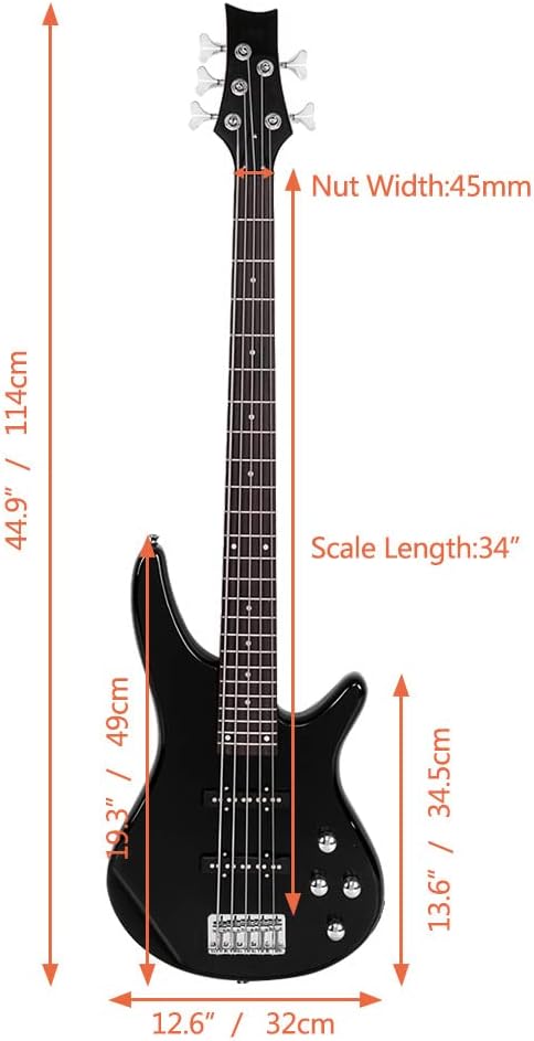 Ktaxon Electric Bass Guitar 5 String Bass Guitar with 20 Watt Amplifier, JB Type Pickup, Naturally air-dried Maple Neck, Rosewood Fretboard, Basswood Body(Black)