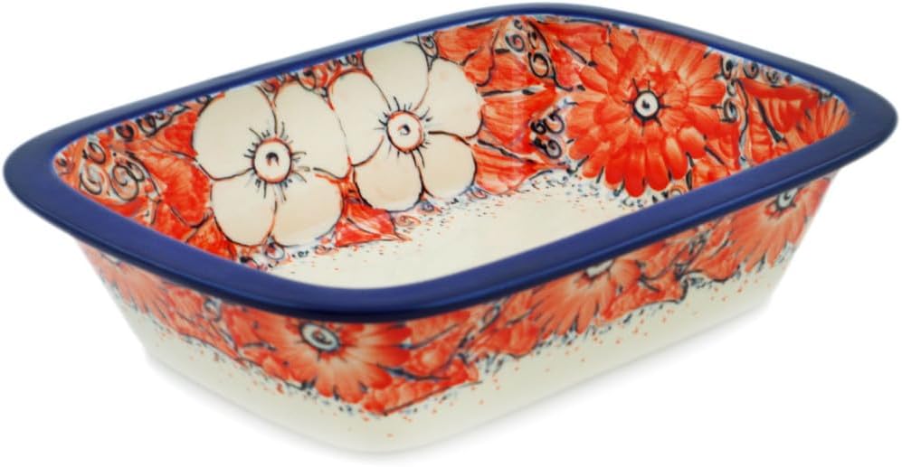 Polmedia Polish Pottery Rectangular Baker UNIKAT - Peachy Keen Pattern Handmade in Boleslawiec Poland by Ceramika Artystyczna + Certificate of Authenticity