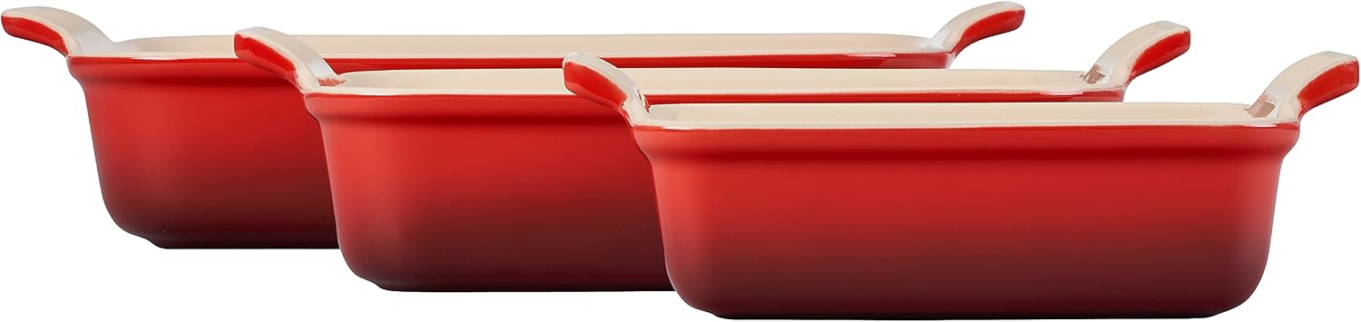 Le Creuset Stoneware Heritage 3-Piece Rectangular Baking Dish Set, Cerise