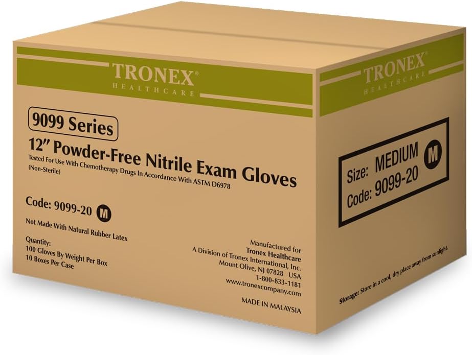 TRONEX 9099 Powder Free XS - XL 12' Long Cuff 5 Mil Thick Nitrile Exam Glove Chemo-Rated Extended Medical Gloves