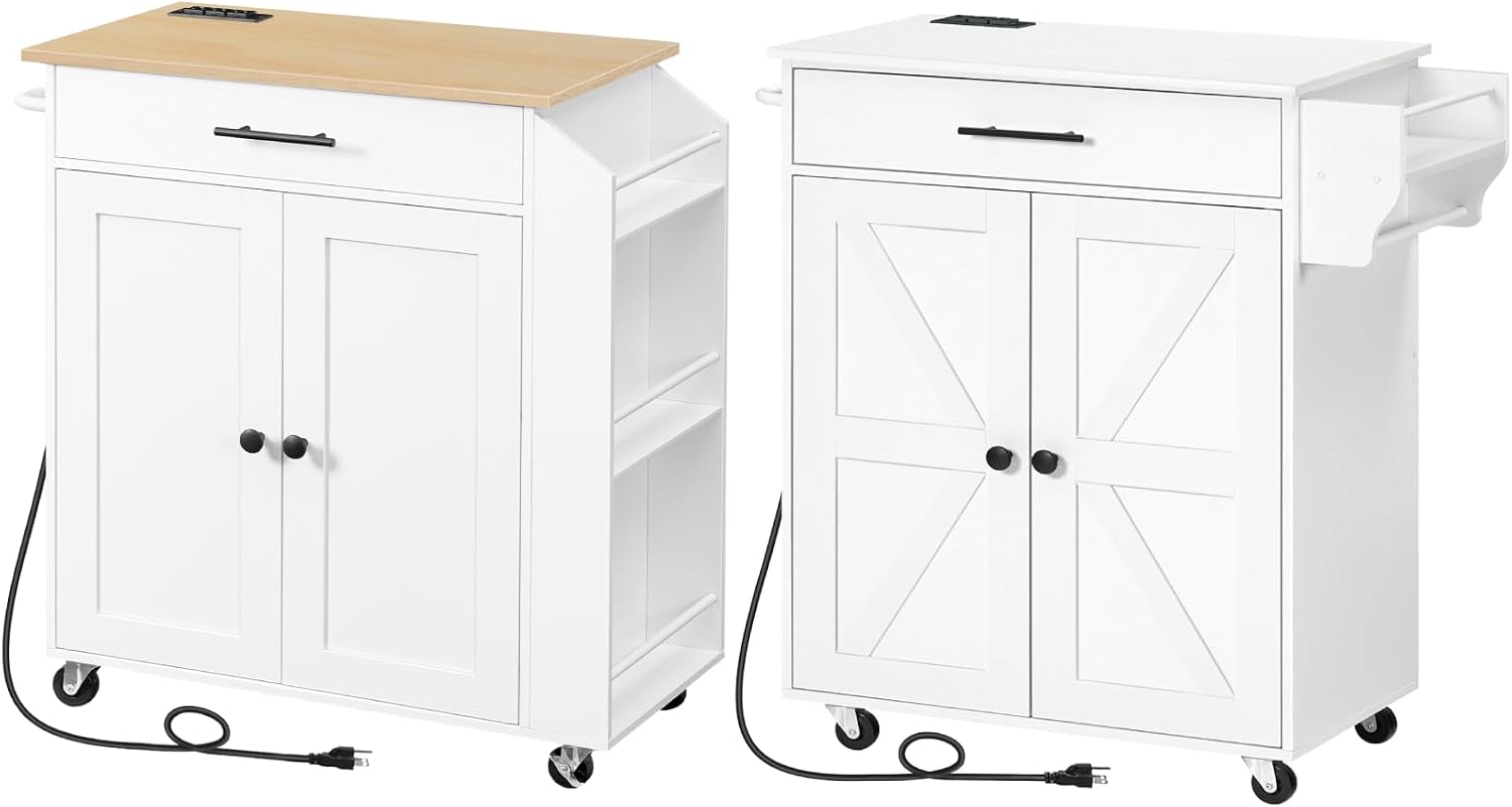HOOBRO Kitchen Island and Kitchen Island with Outlet Bundle, Kitchen Storage Island with Spice Rack and Drawer, Rolling Kitchen Cart on Wheels, for Home and Dining Room, White WN82UZD01G1-WT88UZD01